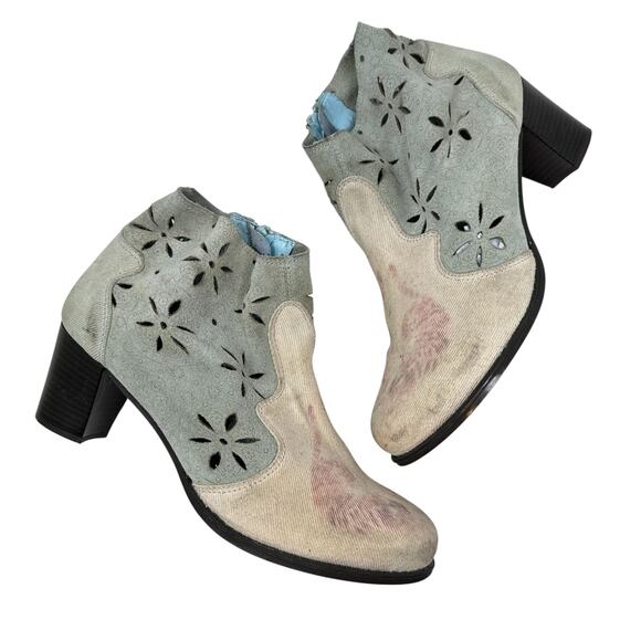Desigual Shoes - Desigual Ankle Boots Cutwork Tiger Print‎ Heeled Blue Cream Pink Size 41 US 10